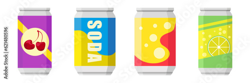 Soda in colored aluminum cans set icons isolated on white background. Soft drinks sign. Carbonated non-alcoholic water with different flavors. Drinks in colored packaging. Vector illustration