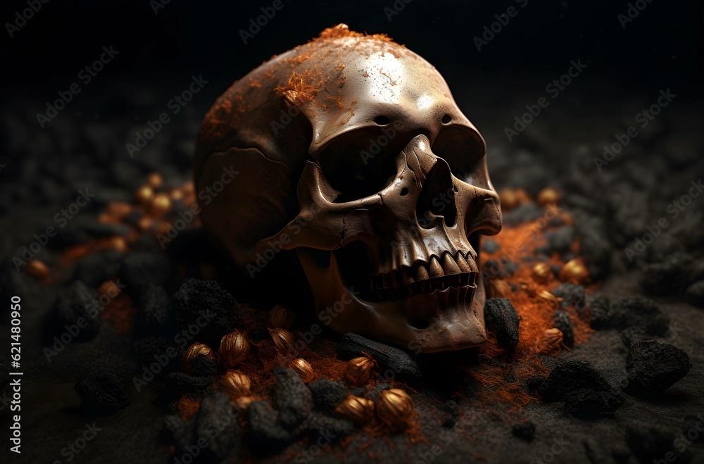 Photo halloween concept scary human skull in witch halloween costumegenerative ai