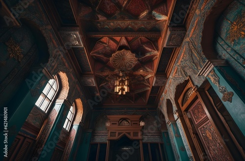 arabic architecture by sahebjabbar ali, in the style of illusory wallpaper portraits, 32k uhd, sculptural aesthetics, intricate ceiling designs, soft focus lens, colorful woodcarvings , generative AI