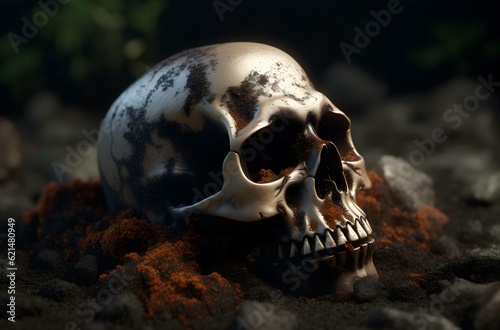 Photo halloween concept scary human skull in witch halloween costumegenerative ai