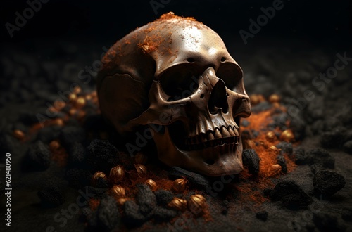 Photo halloween concept scary human skull in witch halloween costumegenerative ai