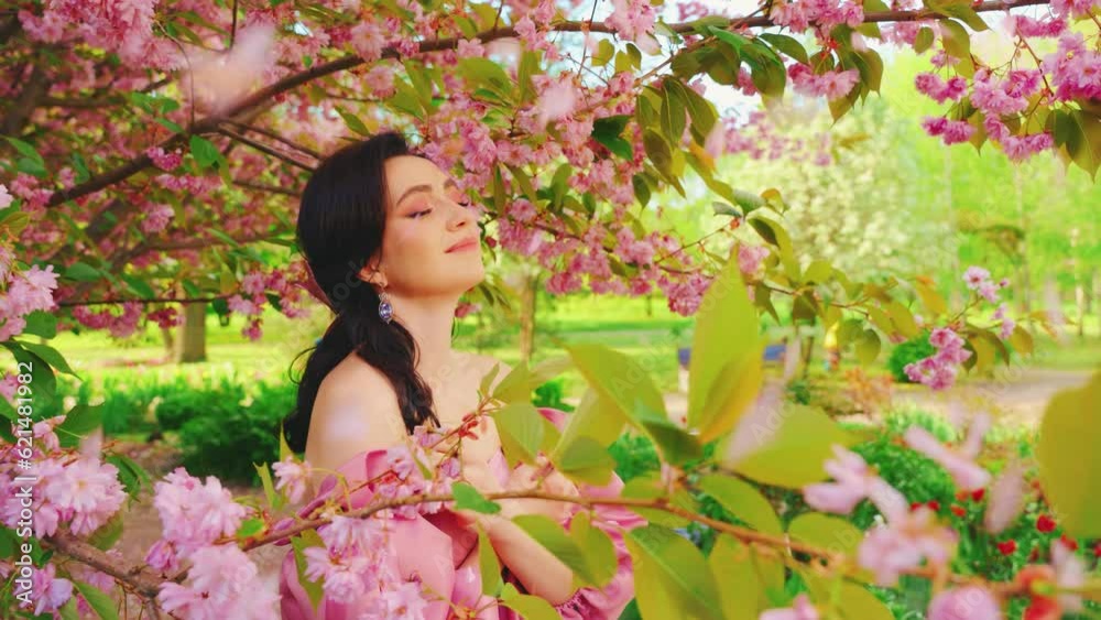 Portrait Fantasy girl in blooming spring garden flowers sakura green tree. sun Happy woman beauty face enjoy fresh nature petals fall flying in wind blow. pink sexy dress vintage old style. art video