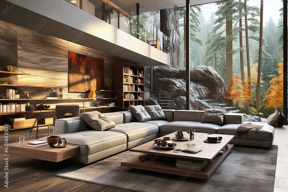 Interior in modern style iwith a beautiful with forest view outside the window. Generative AI Interior in modern style iwith a beautiful with forest view outside the window. Generative AI
