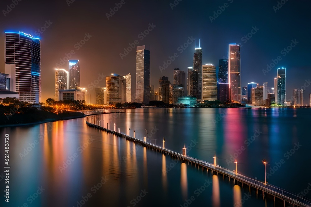 Obraz premium Nocturnal depiction of Miami, Florida. Generative AI