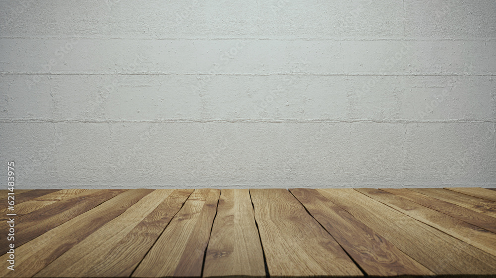 Fototapeta premium Empty tabletop over defocused white wall with copy space.