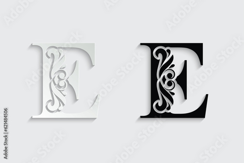 letter E. Black flower alphabet. Beautiful capital letters with shadow	
