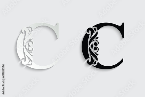 letter C. Black flower alphabet. Beautiful capital letters with shadow	
