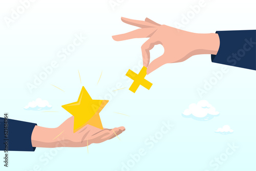 Businessman hand holding star value and another added plus sign to it, value added, increase value or price of product to make profit, additional advantage or development for more benefit (Vector)