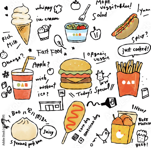 ファストフードの手書き風ベクターイラスト