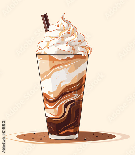 Frappe Coffee latte with whipping cream in watercolor drawing style