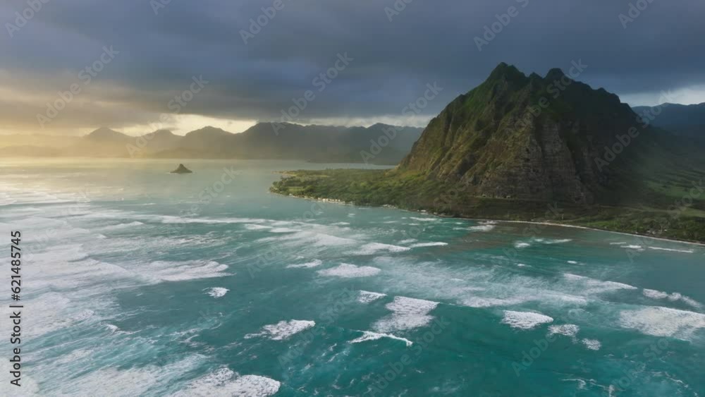 Wideo Stock Oahu island wilderness nature. Wonderful fresh deep blue ocean waves at high green