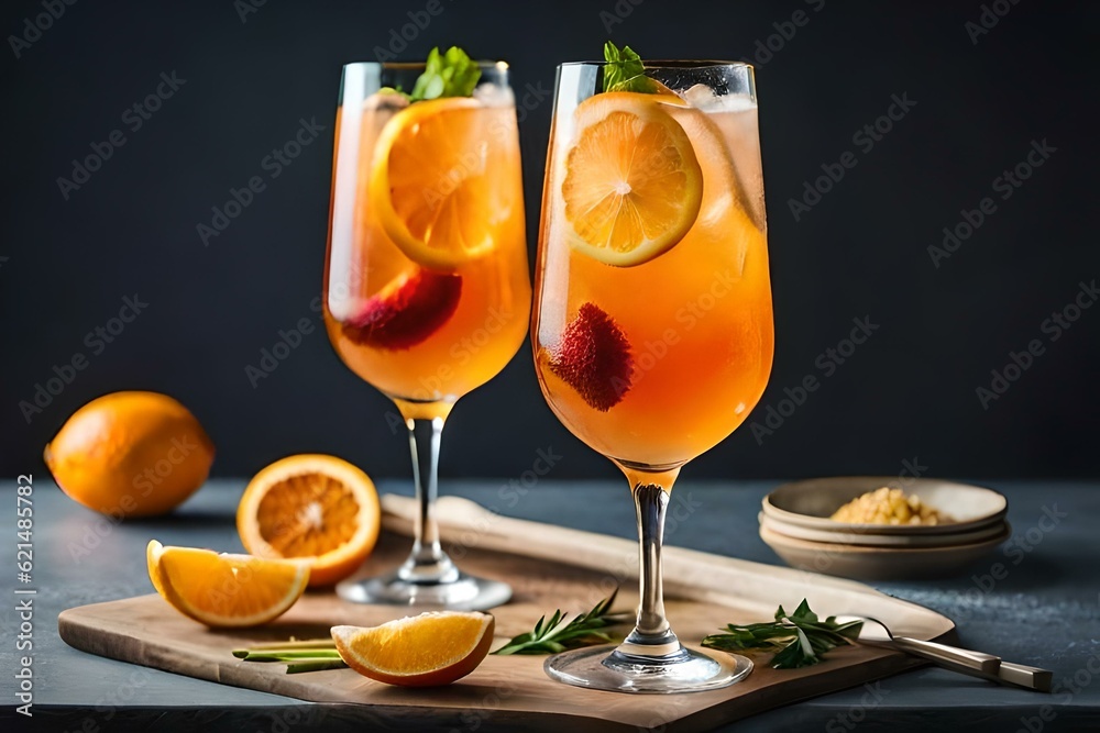 two tall gin glasses with a spritz drink made of ice generated by AI tool