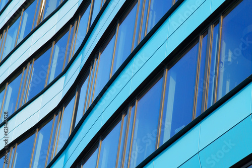 Closeup of a facade of a blue modern office building in Arnhem in the Netherlands