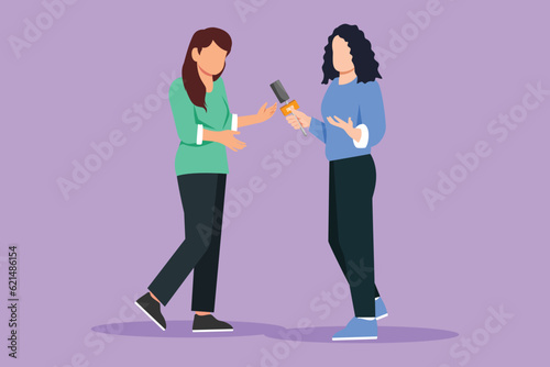 Character flat drawing success business woman giving an interview in the presence of journalist with microphone. Beautiful female tv reporter interviewing questions. Cartoon design vector illustration