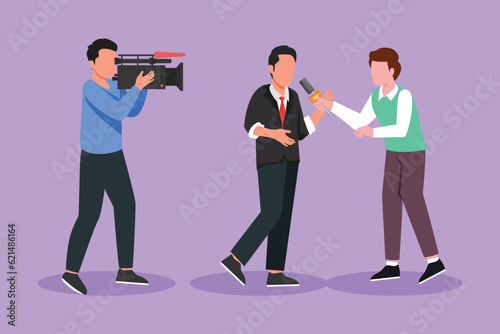 Character flat drawing of male journalists take interview with businessman. TV host or reporter and cameraman questioning man. Broadcasting reportage with cameraman. Cartoon design vector illustration