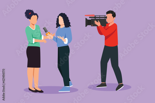 Graphic flat design drawing pretty girl journalist with microphone, interview woman in front of camera. Reporter, cameraman broadcast breaking news at live streaming. Cartoon style vector illustration