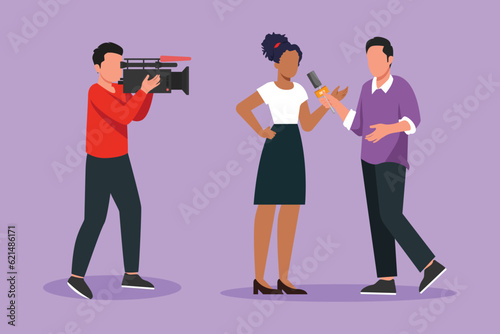 Graphic flat design drawing journalist, operator interview television program news. TV host, reporter, cameraman questioning woman. Video recording show broadcasting. Cartoon style vector illustration