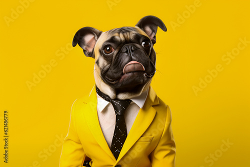 Generative AI. Humanised animals concept. funny character personage. humanized dog in yellow suit on yellow background. 