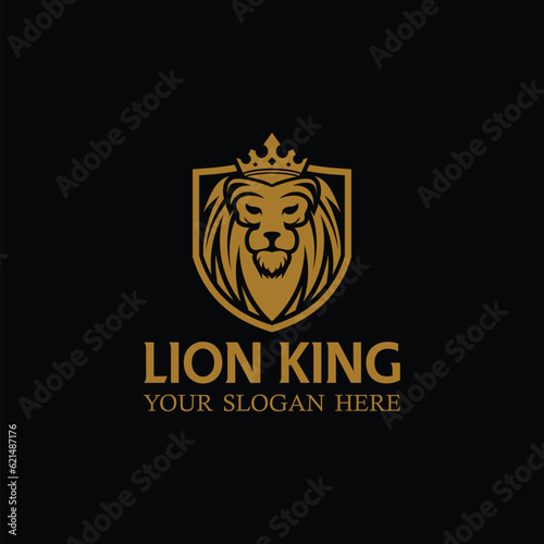 Lion Logo. Royal Shield Lion King Crown vector logo design illustration