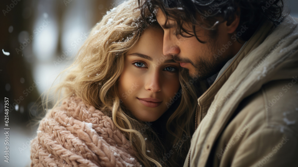Loving couple hugging in Winter wonderlan landscape.romantic love story, a beautiful stylish young boyfriend and girlfriend with blurred winter snow Loving couple hugging in Winter wonderlan landscape.romantic love story, a beautiful stylish young boyfriend and girlfriend with blurred winter snow