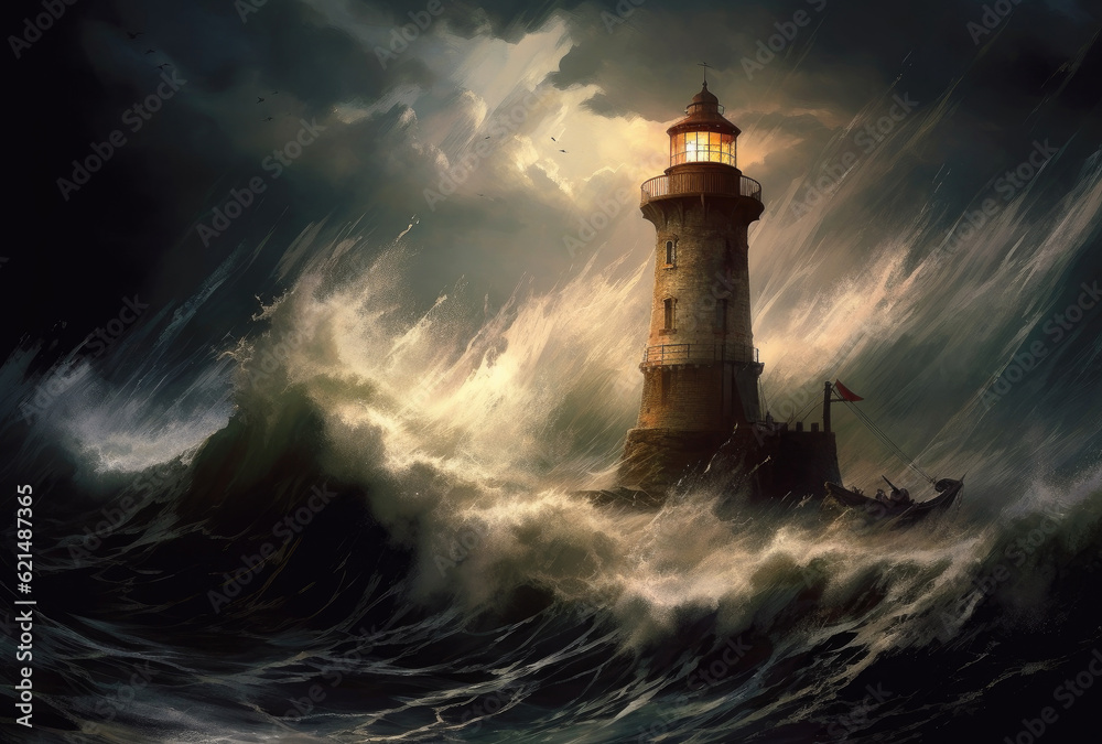 Lighthouse in a Big Waves Stormy Sea or Ocean and Dark Clouds Sky. Generative AI