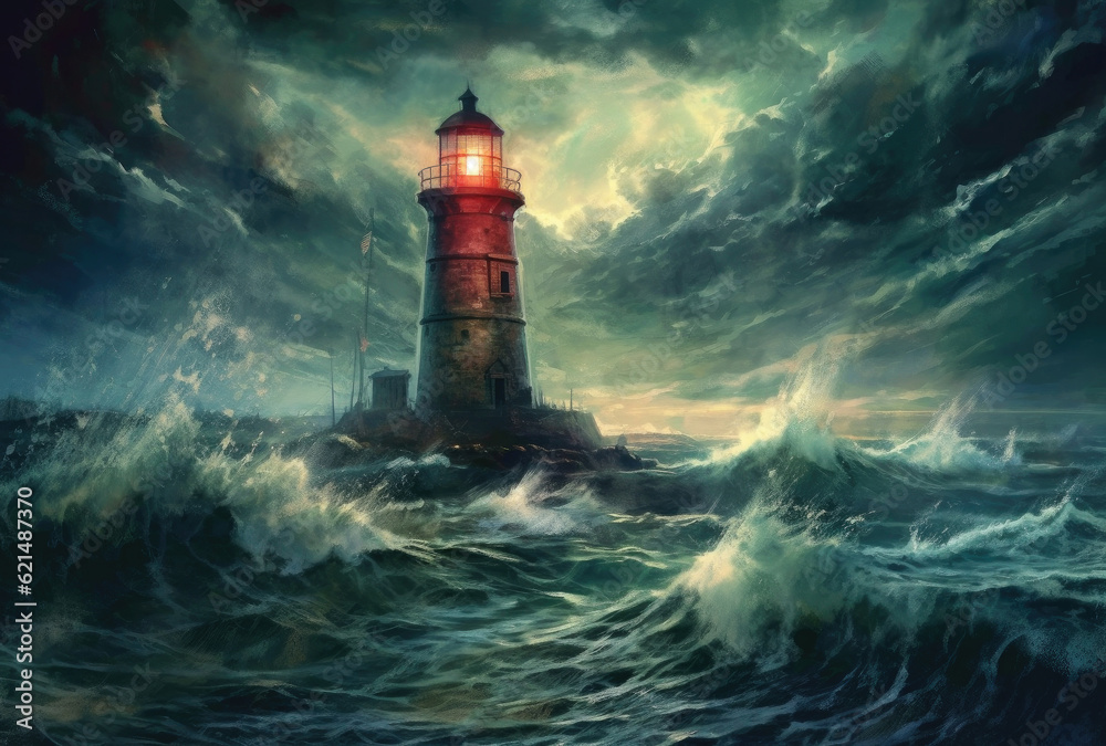 Lighthouse in a Big Waves Stormy Sea or Ocean and Dark Clouds Sky. Generative AI