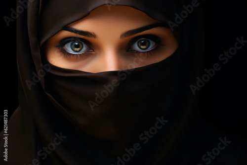 Islamic portrait wearing black hijab looking at camera on dark background, Beautiful muslim lady, close-up portrait