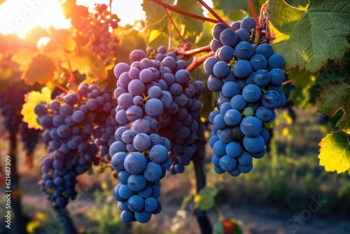 Sunrise over Vineyards with Grapes extreme closeup. Generative AI