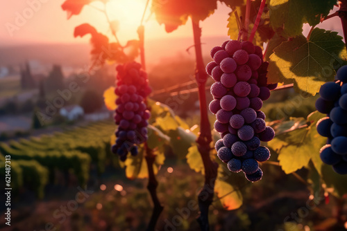 Sunrise over Vineyards with Grapes extreme closeup. Generative AI
