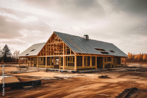 Home Building Under Construction Made From Wood Framing extreme closeup. Generative AI