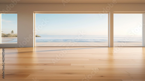 Empty apartment room with wooden floor of beach house. Sea view from windows. Copy space. Generative AI