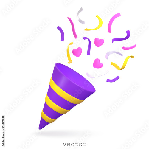3d Party Poppers With Flying Confetti, Serpentine, Ribbon, Hearts. Firecracker Explodes With Ribbon For Surprise, Birthday Party, Anniversary. Vector Render Illustration In Plasticine Cartoon Style.