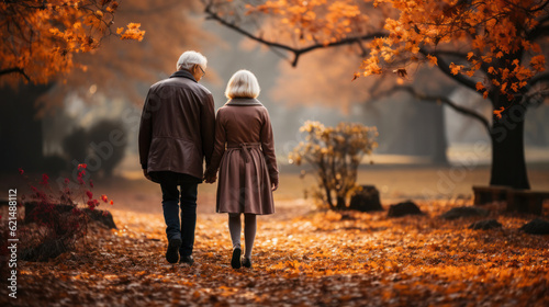 Lovely happy gray-haired Caucasian-aged couple enjoying health-promoting, breathing fresh air in autumn season nature, backside senior couple walking together in the park, morning