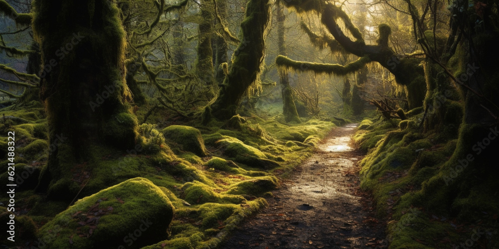 A path through a forest with a light on the ground and the trees are covered in moss