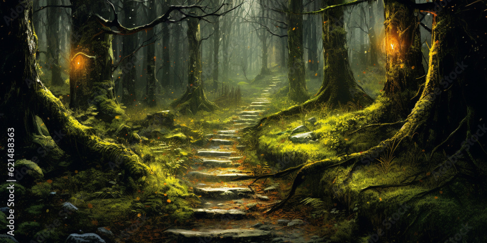 A path through a forest with a light on the ground and the trees are covered in moss