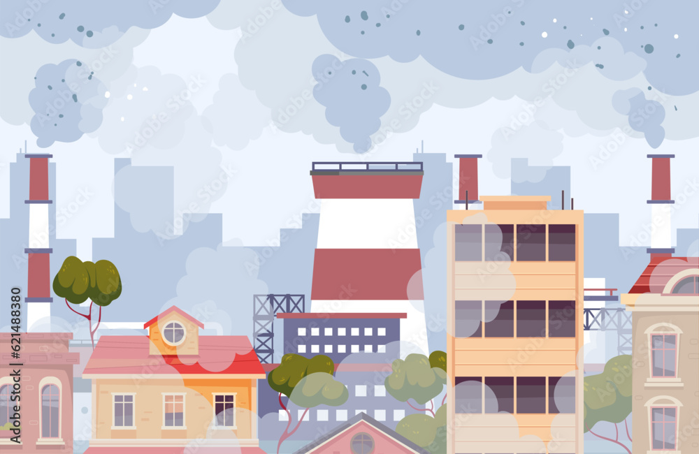 Air city polluted factory toxic smog dust carbon concept. Vector graphic design illustration