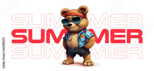 Teddy bear a sunglass and summer shirt, slogan with summer on white background. Illustration for printing on clothing. Vector illustration