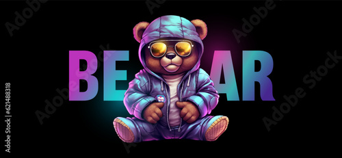 Teddy bear in holographic jacket for graphic t-shirt design, slogan with bear doll. Vector illustration for t-shirt
