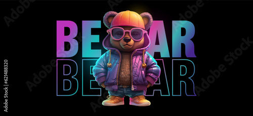 Teddy bear in holographic jacket for graphic t-shirt design, slogan with bear doll. Vector illustration for t-shirt