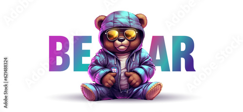 Teddy bear in holographic jacket for graphic t-shirt design, slogan with bear doll. Vector illustration for t-shirt