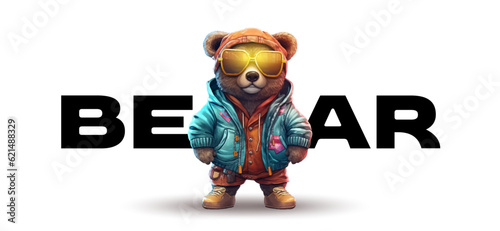 Teddy bear in holographic jacket for graphic t-shirt design, slogan with bear doll. Vector illustration for t-shirt