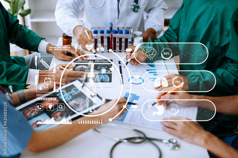 Medical Technology Network Medical technology network team meeting concept. Doctor hand working ...