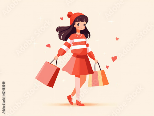 Cute cartoon girl with shopping bags