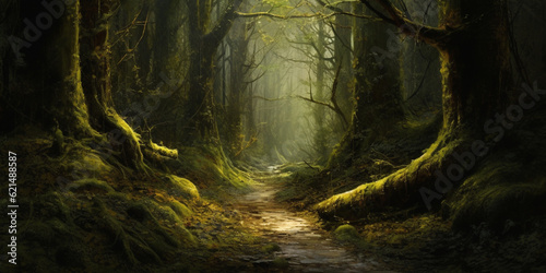 A path through a forest with a light on the ground and the trees are covered in moss © MUS_GRAPHIC