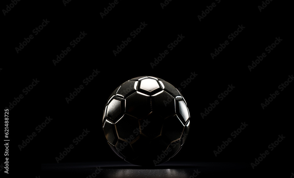 Black football or soccer ball against black background with highlight on the textured surface and copy space