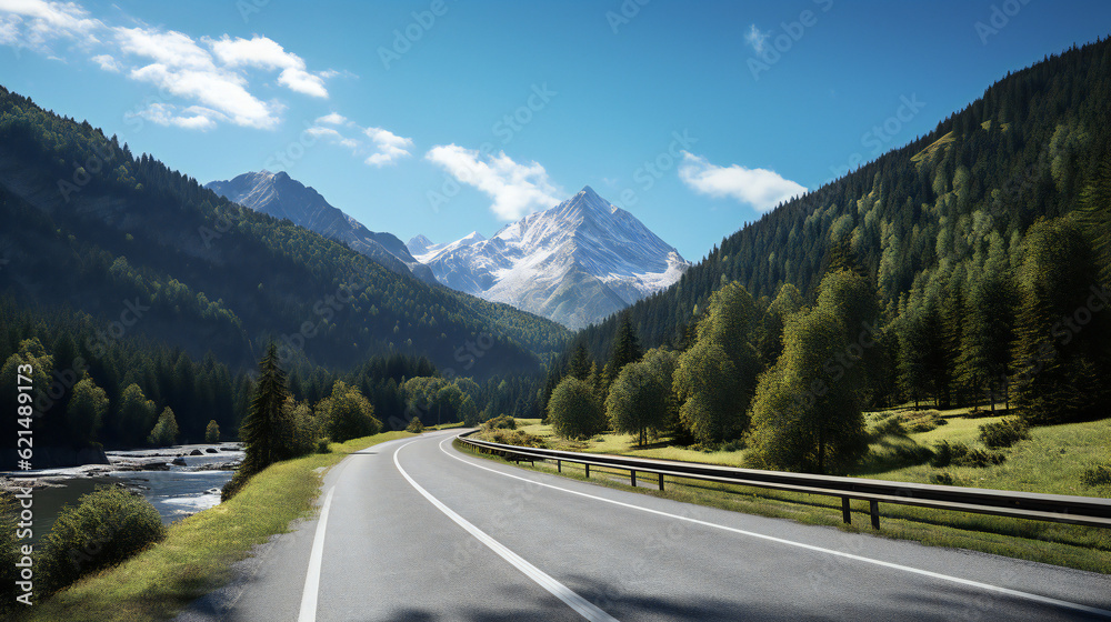 Highland Road, Mountains with Snow, Trees, forest