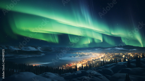 Northern Lights over landscape with mountains  lake  sea and village  town  harbor