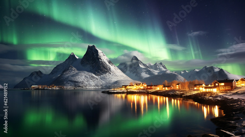 Northern Lights over landscape with mountains, lake, sea and village, town, harbor, night time