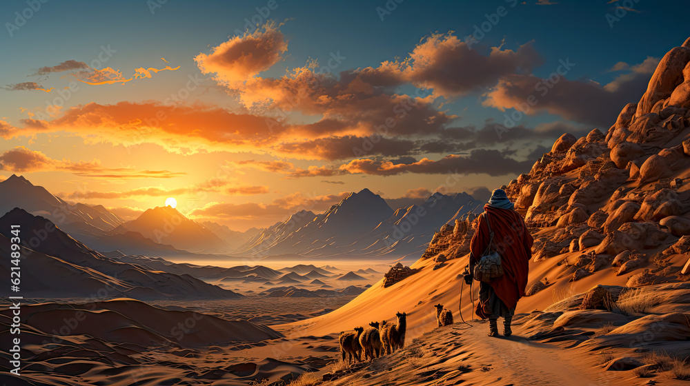 Desertic and rocky landscape at sunset showing a Bedouin with camels