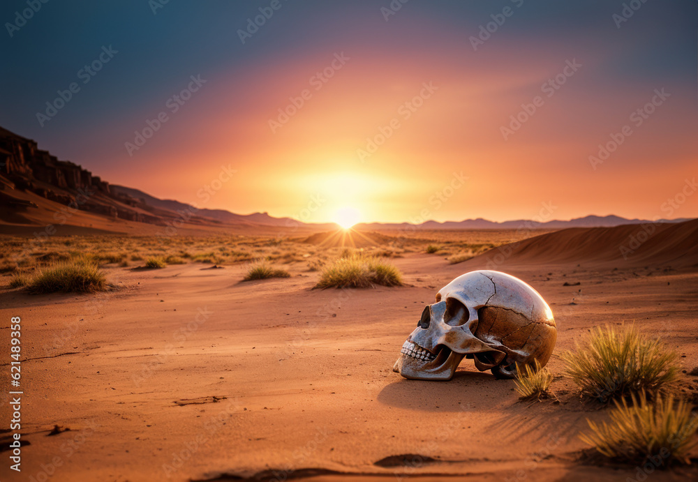 Crâne humain dans un désert aride représentant le réchauffement climatique. Generative AI. - obrazy, fototapety, plakaty 